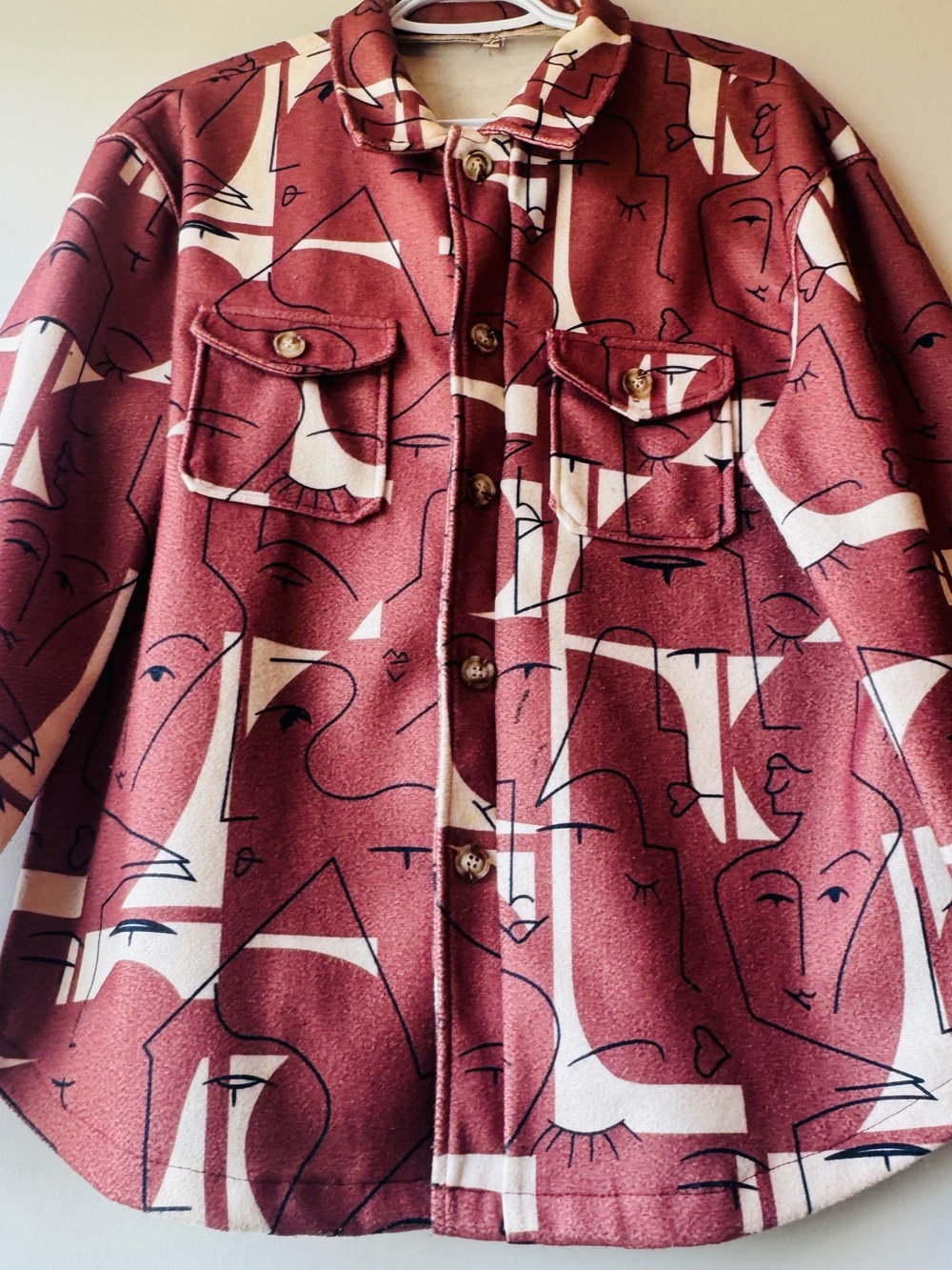 Button-Front Maroon Abstract Print Shirt Jacket - Picture 2 of 8